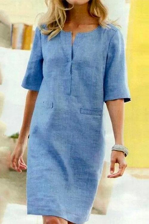 Kathy vestido recto de lino y algodón con medias mangas