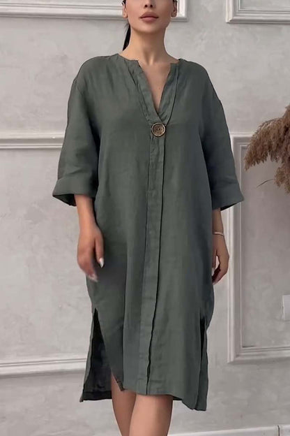 vestido casual de algodón y lino con cierre de botón