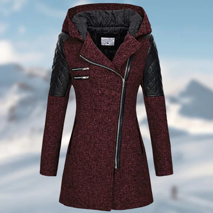 Abrigo de invierno aislante con capucha, cremallera y detalles de piel