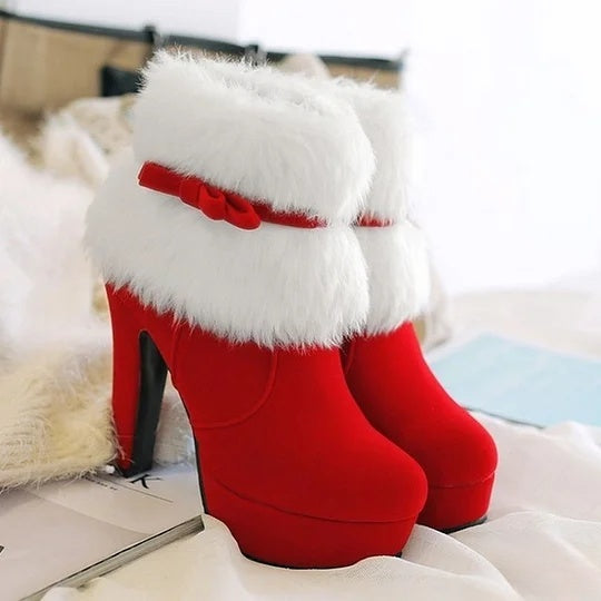 Botas de invierno de tacón alto para mujer en rojo y negro, perfectas para paseos informales, fiestas y eventos navideños - Tallas grandes disponibles