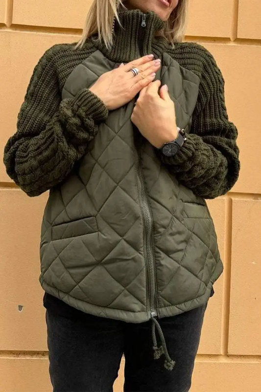 Chaqueta de punto con cremallera y parches de color sólido para un estilo informal