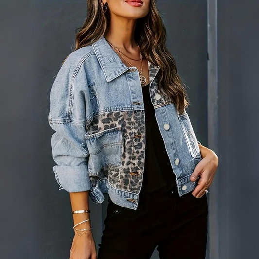 Chaqueta Wysse | Casual Leopard Patchwork Denim Jacket