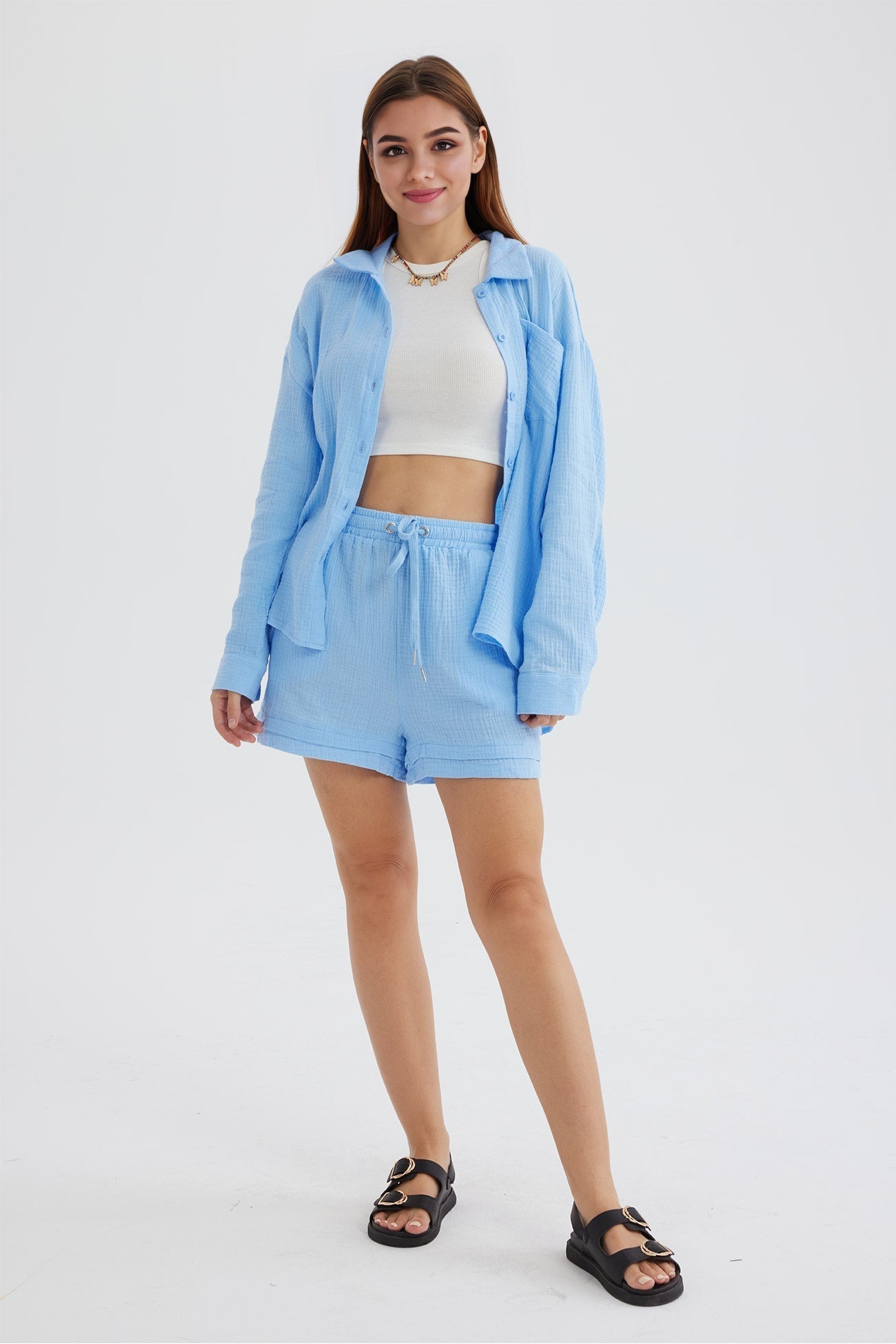 Keren - Camisa de manga larga para mujer con pantalón corto a juego