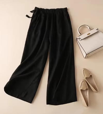 Pantalones de corte recto con lazo caqui y cintura alta elástica