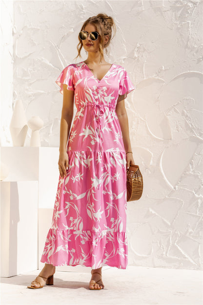Vestido largo estampado floral con botones y encaje con escote en V y manga corta primavera verano