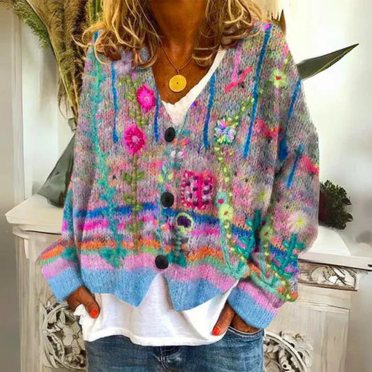 Chaqueta de punto con botones florales para mujer