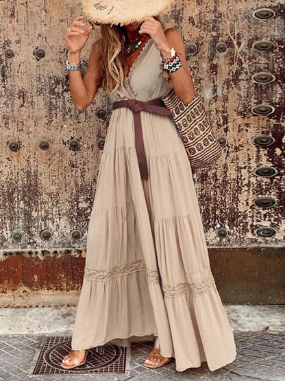 Nuevo maxi vestido de estilo francés con cintura alta y escote en V con costuras y largo midi