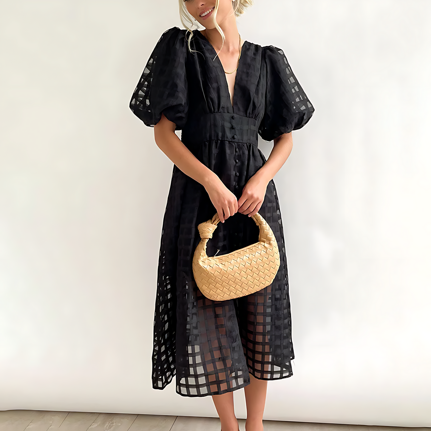 Elegante vestido midi de verano con mangas cortas abullonadas