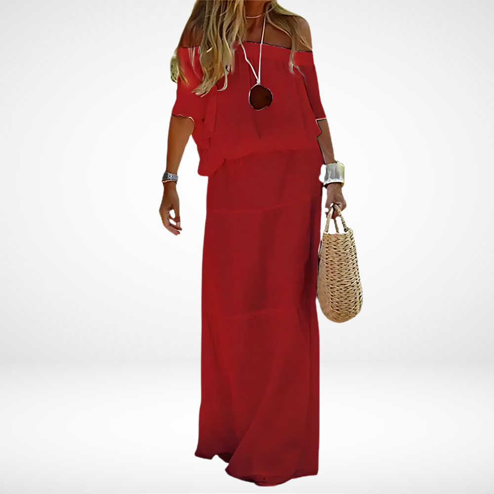 Elegante maxi vestido blanco sin hombros para la playa