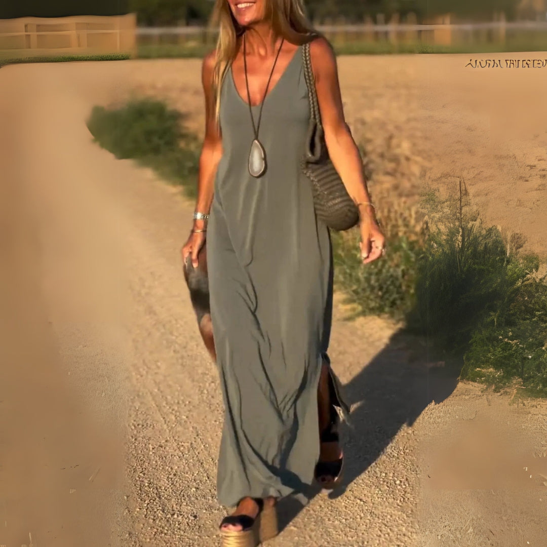 Elegante maxi vestido sin mangas con escote en V