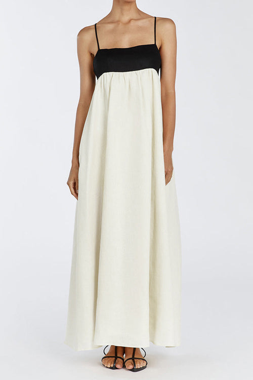 Vestido maxi patchwork blanco y negro con tirantes sueltos