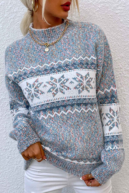 Elegante jersey con motivo de copo de nieve y cuello en contraste