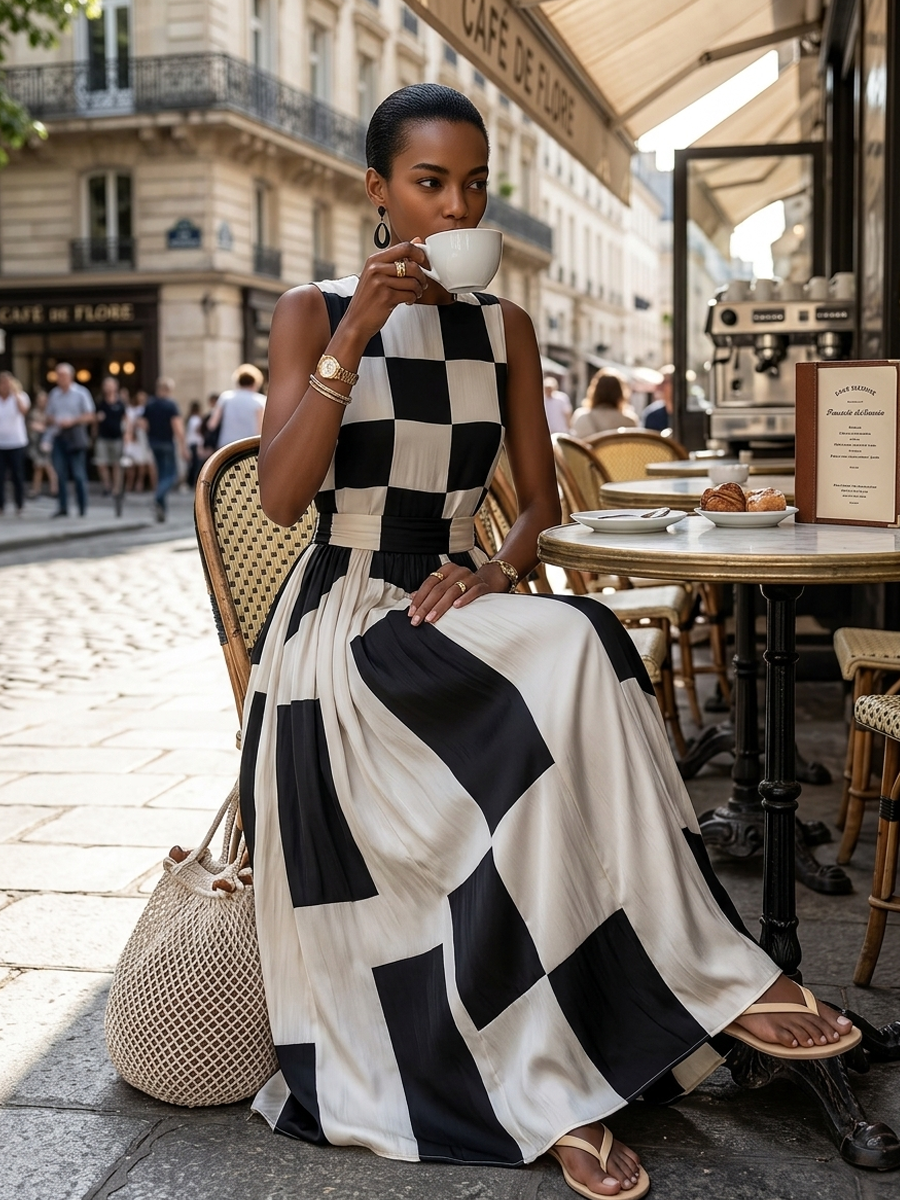 Damska Geometryczna Sukienka Maxi Patchwork