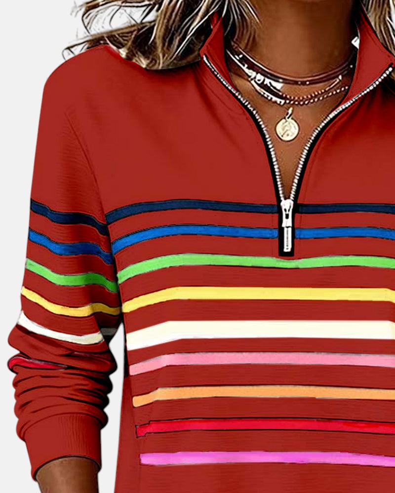 Damska Bluza Pullover W Paski Z Zamkiem Pod Szyją