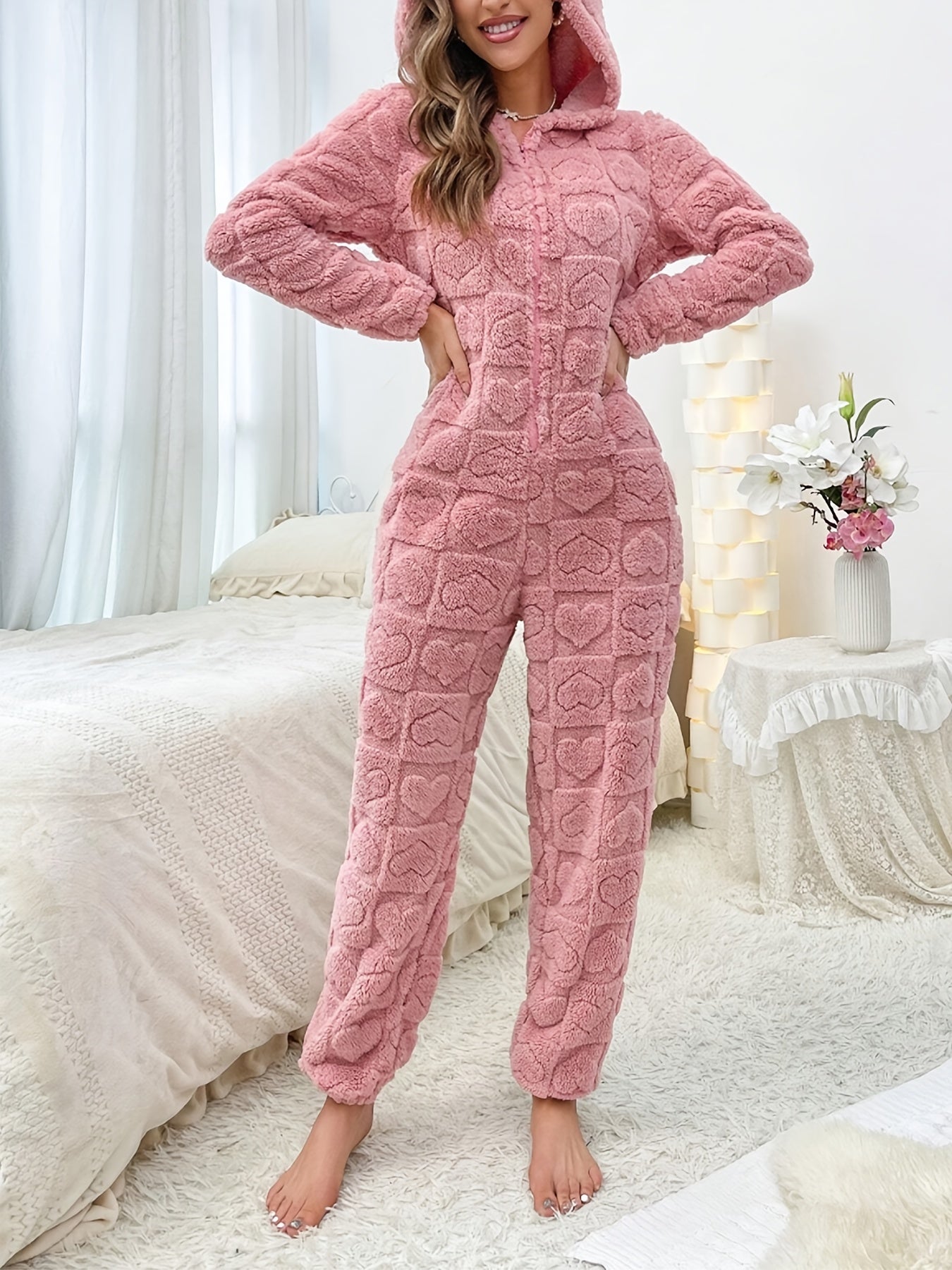 Amara - Women's Pink Jacquard Heart Hooded Lounge Jumpsuit