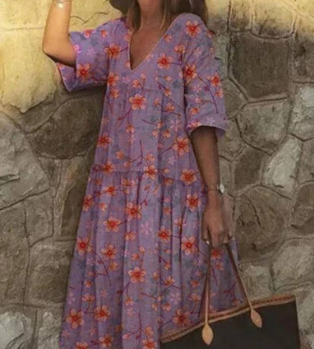 Vestido casual cuello en V con estampado floral
