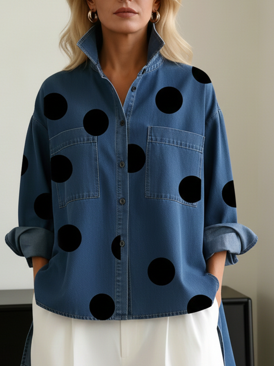 Jeansowa koszula damska w grochy oversize
