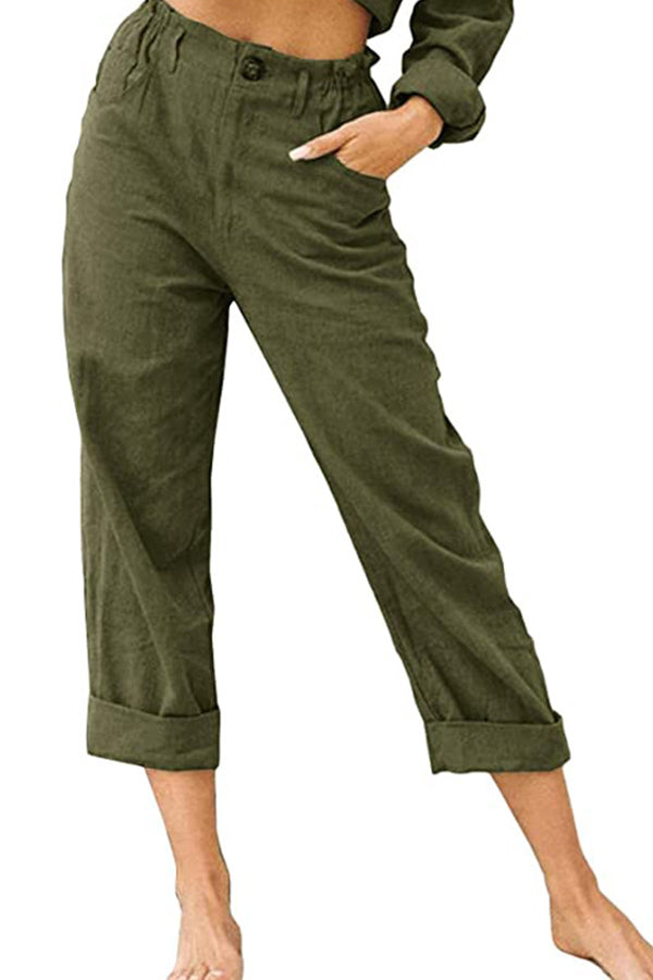 pantalones de algodón y lino de cintura alta de moda sueltos