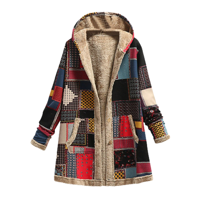 Lujosa, elegante y cálida chaqueta con capucha de patchwork de piel de oveja para mujer
