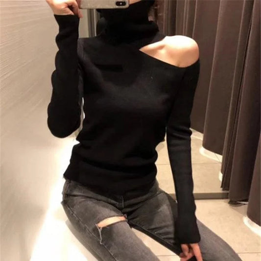 Elegante jersey de punto para mujer con hombros redondeados | jersey de cuello alto y manga larga