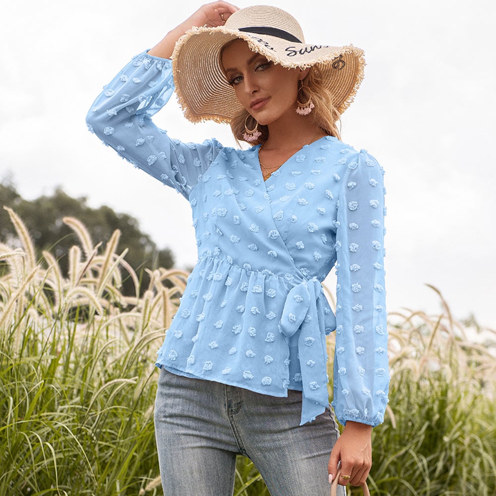 Anita Blusa de Primavera de Encaje Jacquard con Cuello en V para Mujer