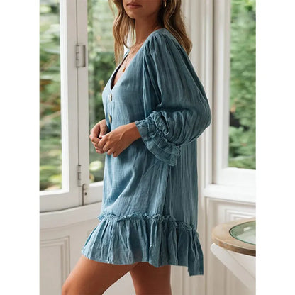 Vestido casual con mangas acampanadas, cuello en V y flecos