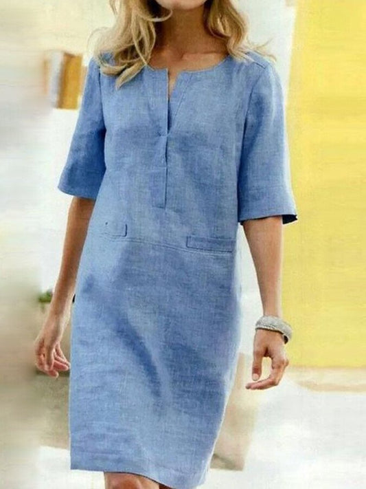 Vestido Chic de algodón-lino para mujer con mangas cortas