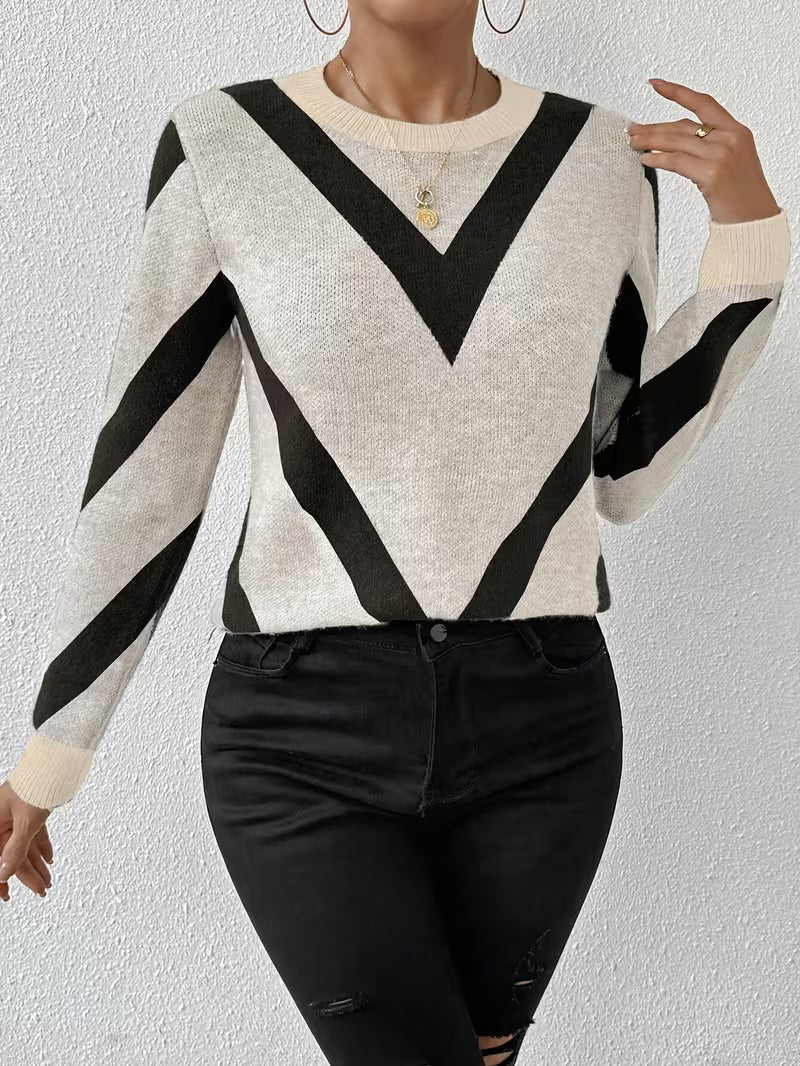Sweter Damski ze Wzorem Chevron i Długim Rękawem