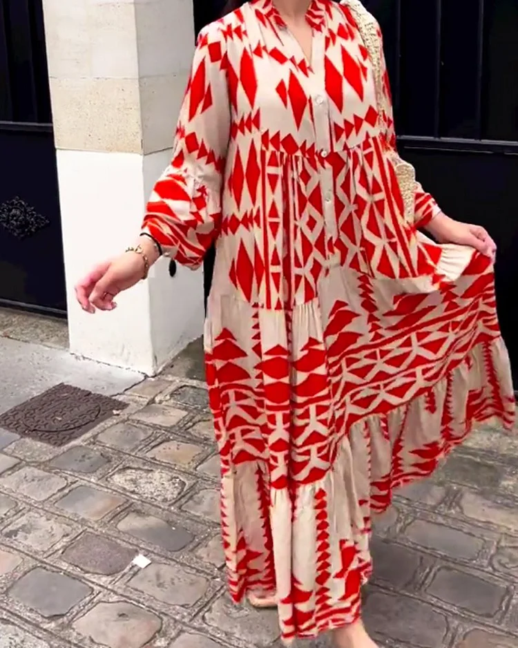Vestido con estampado, manga larga y escote en V