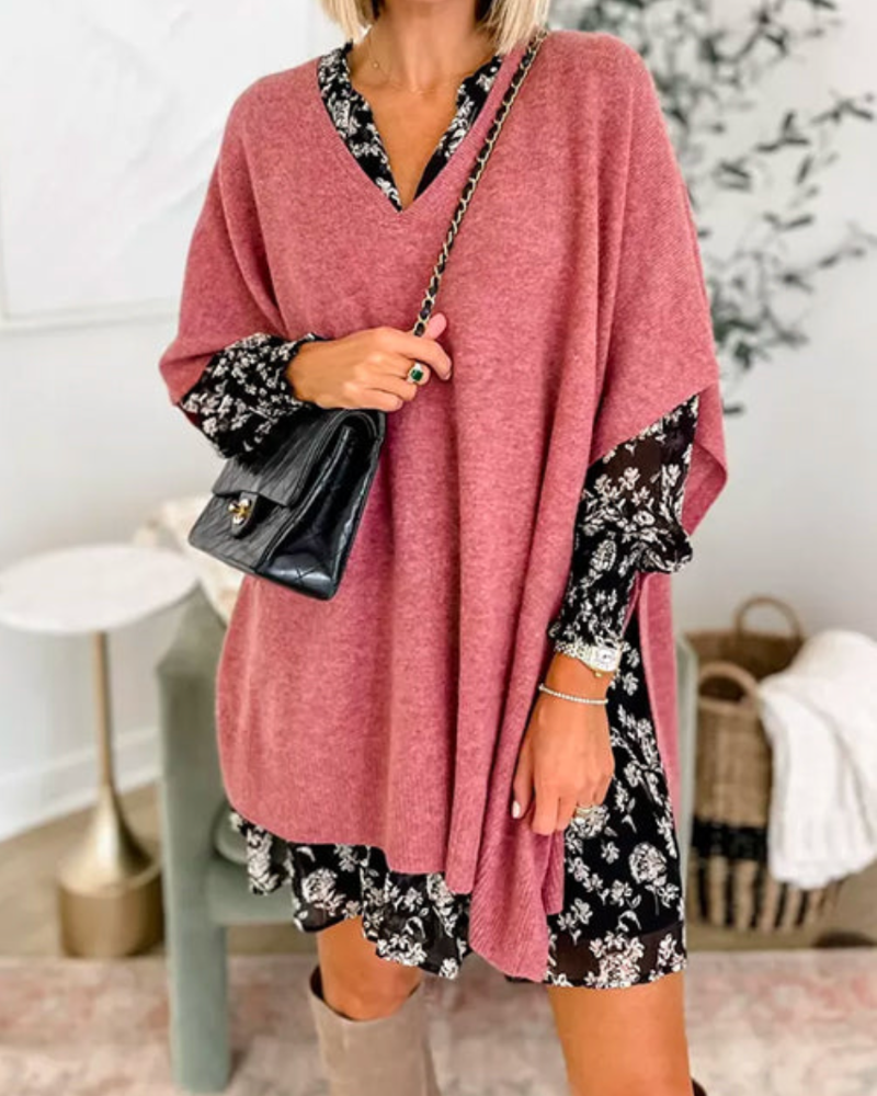 Adeline Jersey Poncho Sólido con Cuello en V y Corte Holgado