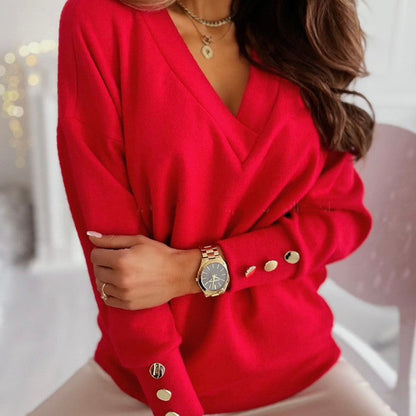 Lix Sweater | Cómodo y suave jersey de mujer con cuello en V y botones dorados