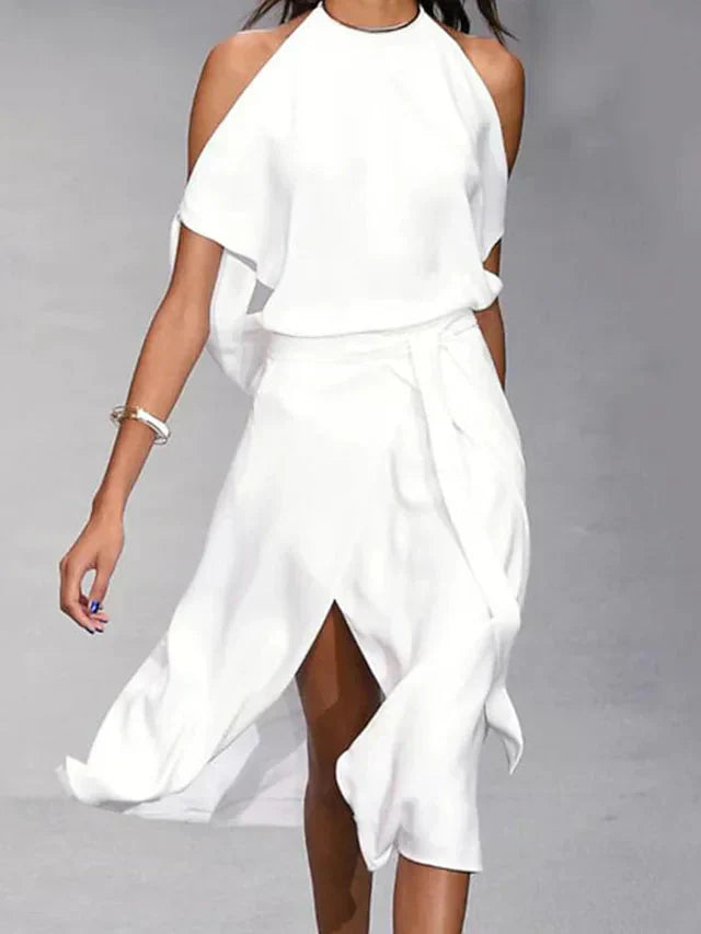 Vestido midi asimétrico con hombros descubiertos y elegante movimiento