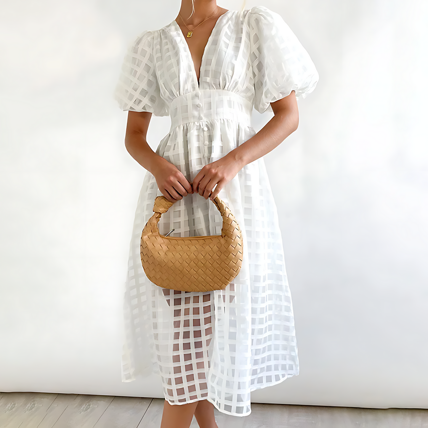 Elegante vestido midi de verano con mangas cortas abullonadas
