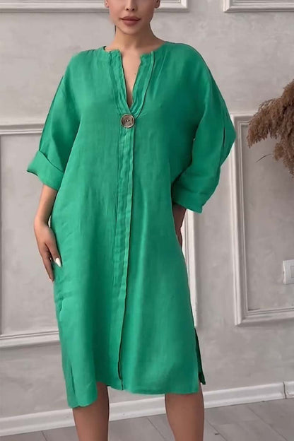 vestido casual de algodón y lino con cierre de botón