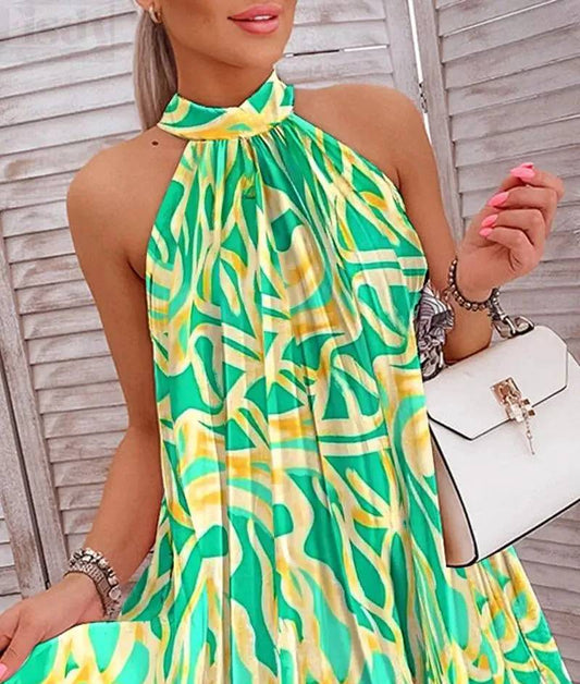 Vestido de cóctel plisado sin mangas con estampado