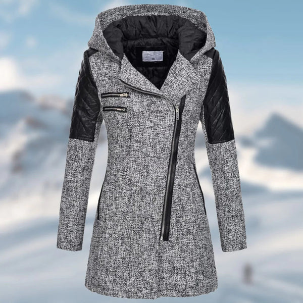 Abrigo de invierno aislante con capucha, cremallera y detalles de piel