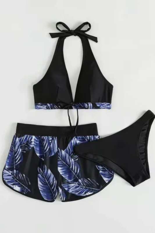 Ava | Conjunto de bikini de 3 piezas con estampado de hojas para mujer