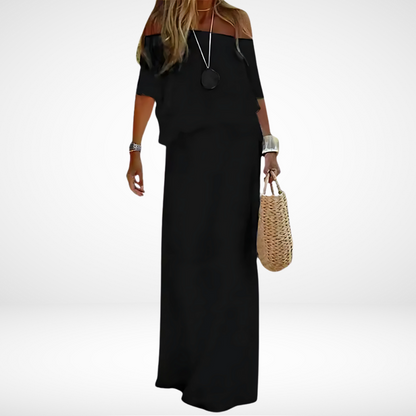 Elegante maxi vestido blanco sin hombros para la playa