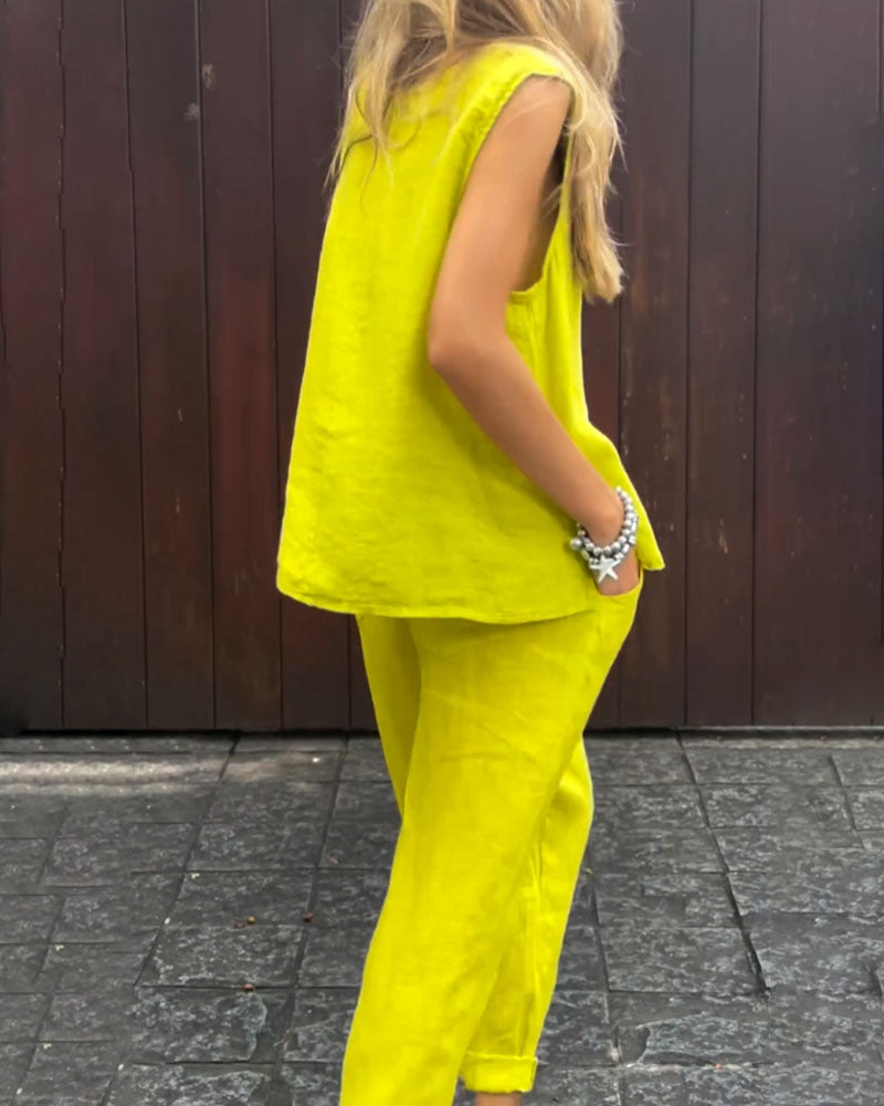 chaleco liso sin mangas-pantalón-lino de algodón-conjunto de dos piezas
