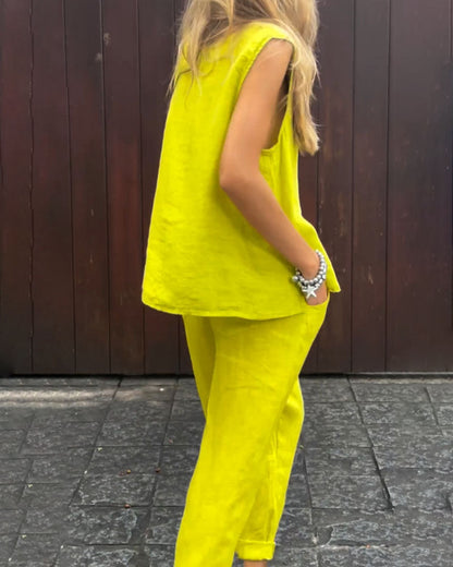 chaleco liso sin mangas-pantalón-lino de algodón-conjunto de dos piezas
