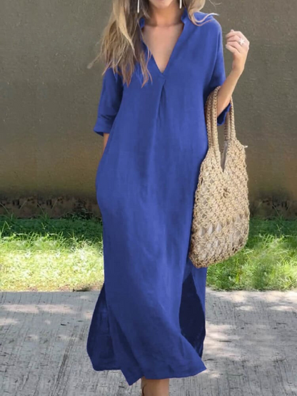 Elegante maxi vestido con escote en V y silueta holgada