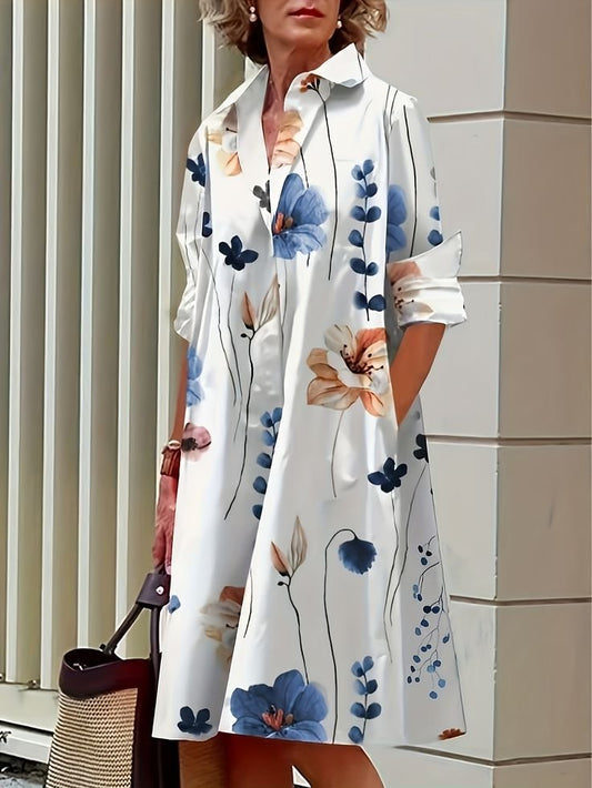Vestido camisero casual con flores y bolsillos abiertos
