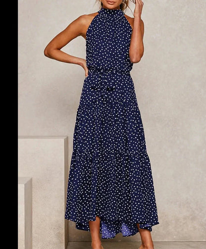 Vestido largo estampado con lazo en la cintura