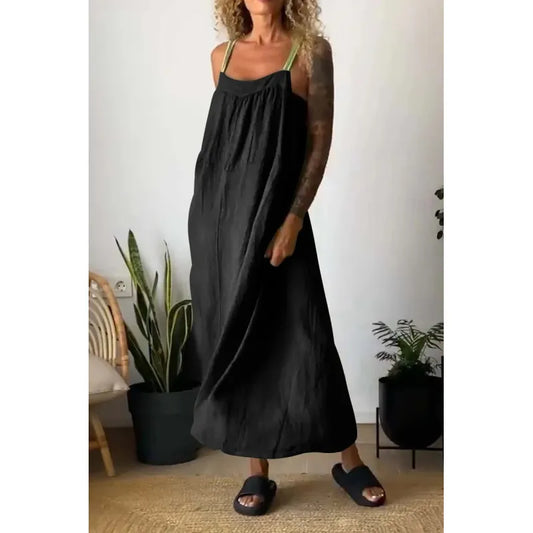 Vestido largo de chambray con bolsillos y tirantes en contraste en azul beau