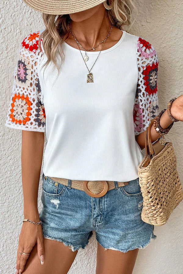 Hanna - Top de ganchillo de manga corta con estampado floral