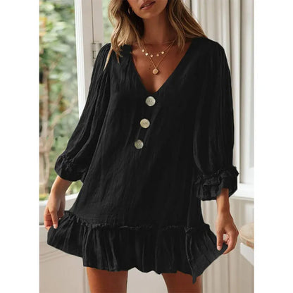 Vestido casual con mangas acampanadas, cuello en V y flecos