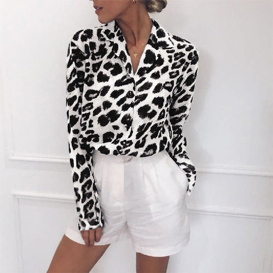 Kassie - Elegante blusa de manga larga con estampado de leopardo Cuello vuelto