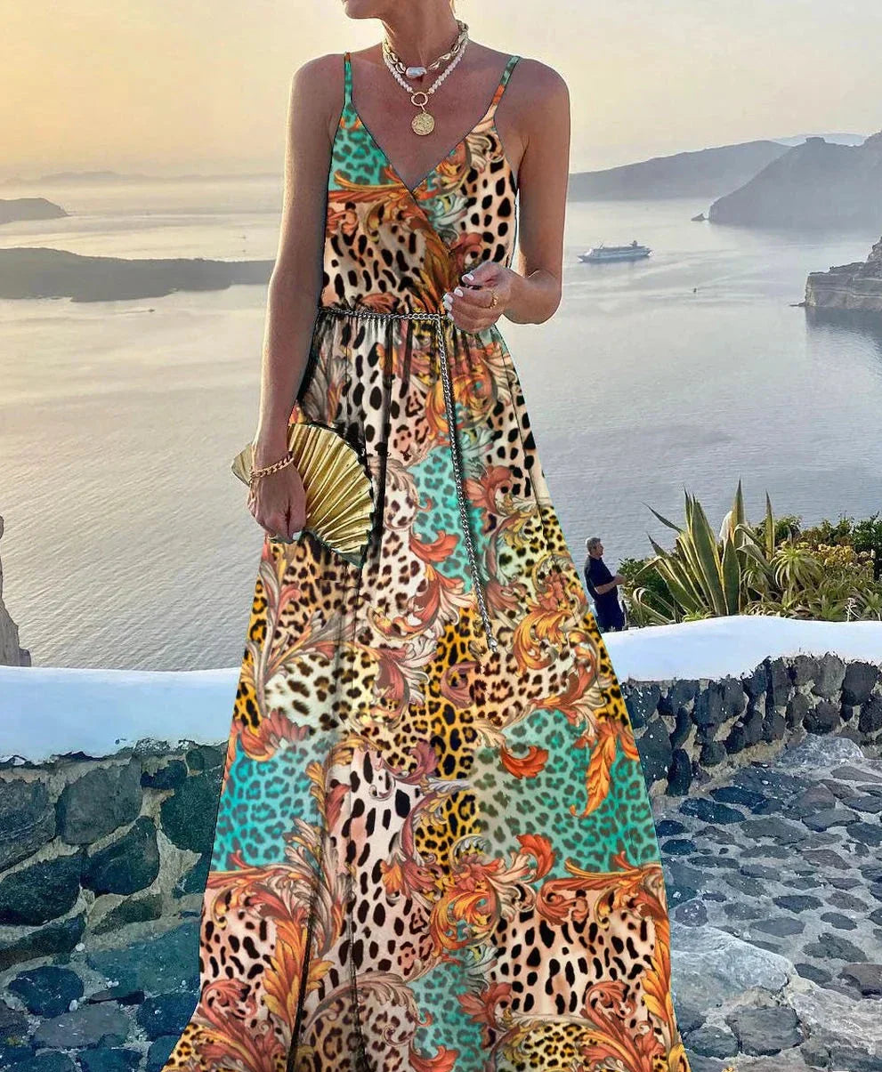 Vestido maxi colorido con escote