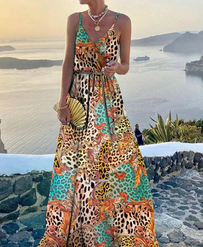 Vestido maxi colorido con escote