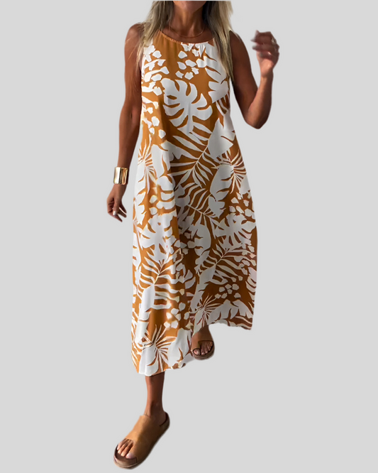 vestido largo sin mangas con estampado de hojas y estilo elegante